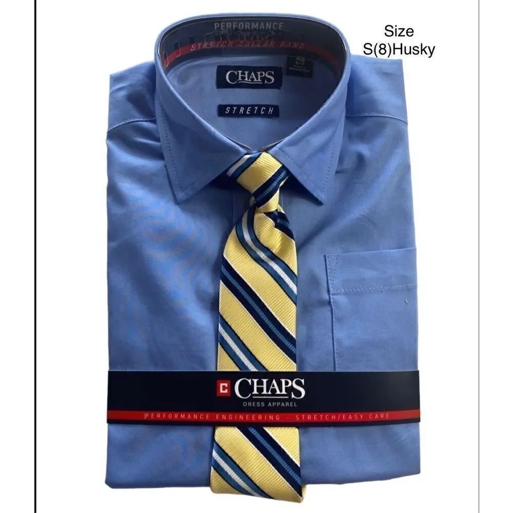 CHAPSย BOYSโSMALL(8)โHUSKYโBLUEโSHIRTโANDโTIEโSET